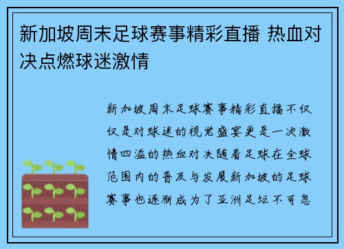 新加坡周末足球赛事精彩直播 热血对决点燃球迷激情